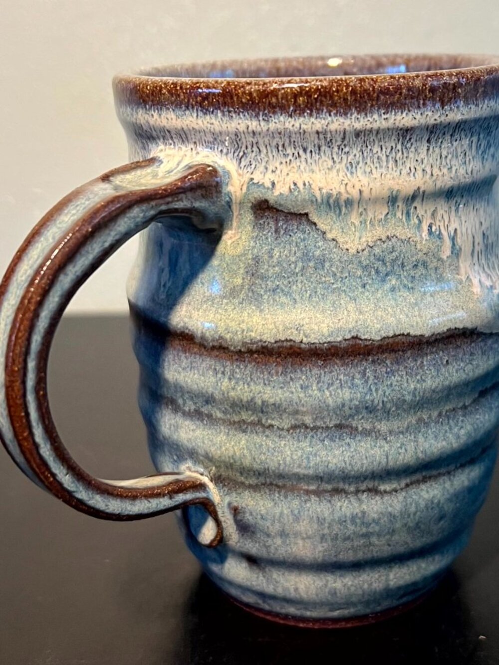 Handmade Ceramic Studio Pottery Mug 15oz Blue Brown Drip Glaze Artist Signed Kan